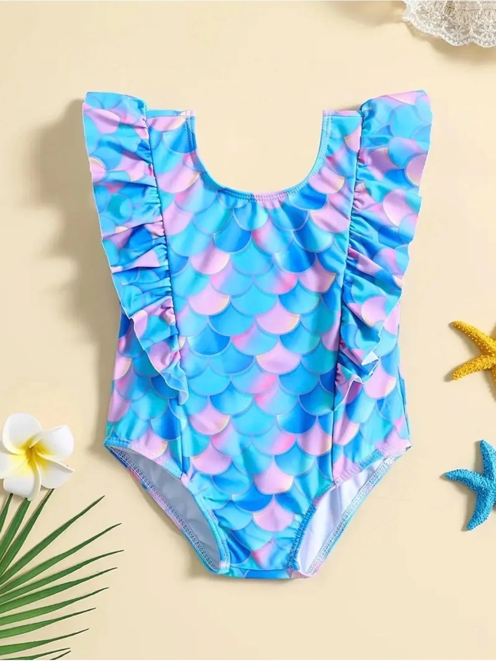 SHEIN Blue Pink Mermaid Ruffle One-Piece Swimsuit for Kids size 9/12 months